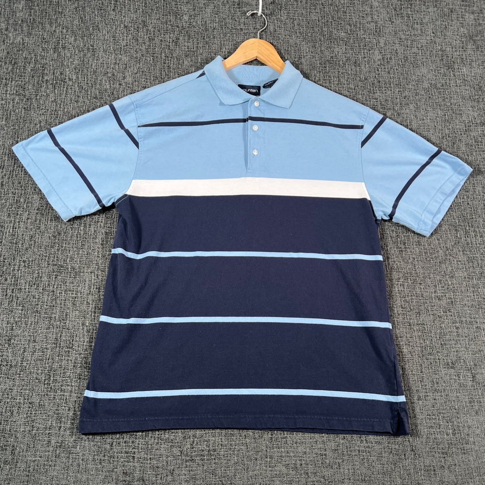 Puritan Striped Short Sleeve Polo Shirt‎ Mens Large Blue Cotton Blend